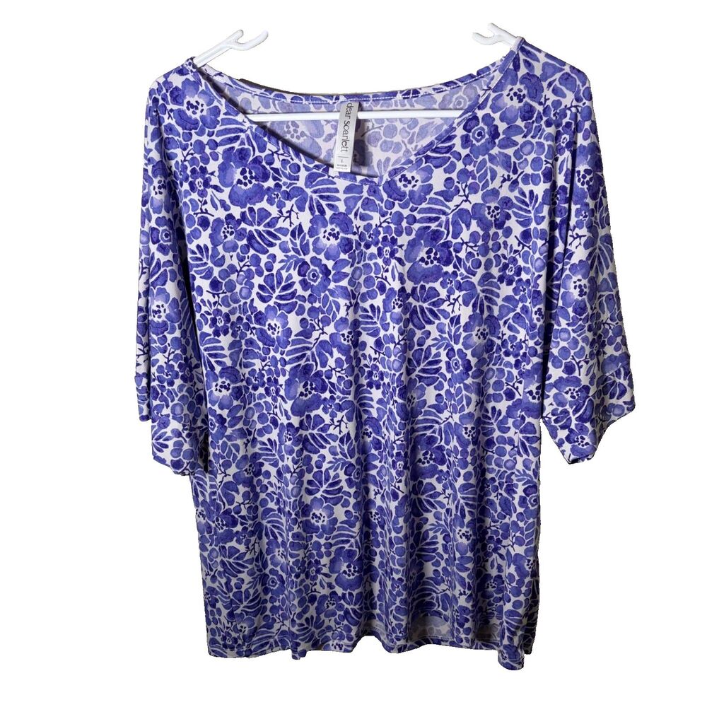 Dear Scarlett Blouse Women's Large Floral Purple Short Sleeve V-Neck Artsy